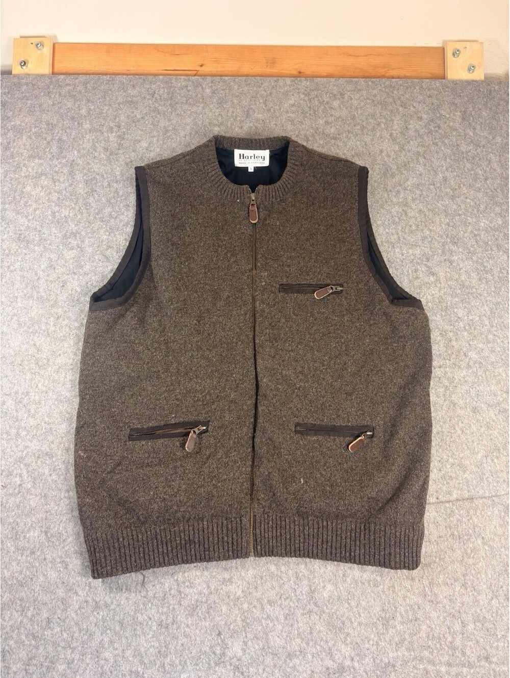 Harley of Scotland Mens Wool Zip Up Vest Brown Lined Made in Scotland Large